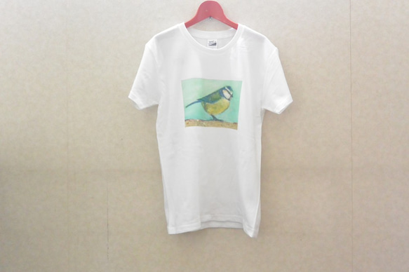 ブルーの小鳥Tシャツ　鳥のTシャツ　野鳥　アオガラ　油絵をアイロンプリント　白・ホワイト 3枚目の画像