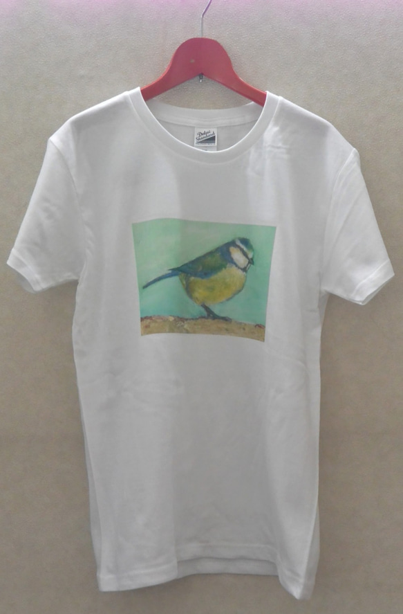 ブルーの小鳥Tシャツ　鳥のTシャツ　野鳥　アオガラ　油絵をアイロンプリント　白・ホワイト 5枚目の画像