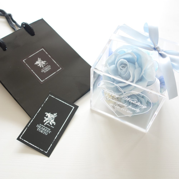 《名入れギフト☆メッセージ刻印》message ROSE “WHITE BLUE” 上品なグラデーションブルーのアレンジ 5枚目の画像