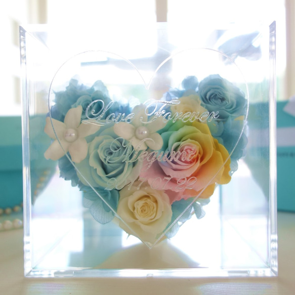 《名入れギフト☆メッセージ刻印》message ROSE “rainbow HEART”パステルレインボーローズのハート 2枚目の画像