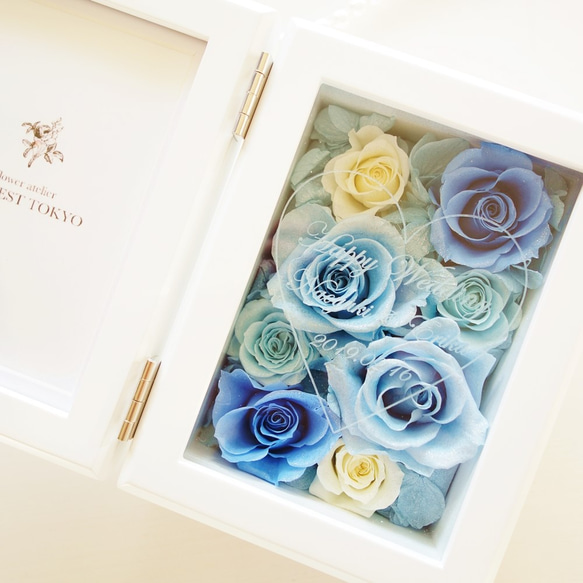 《名入れギフト☆メッセージ刻印》MEMORIES “Rose Blue” ブルーで仕上げる可愛いフォトフレーム 3枚目の画像