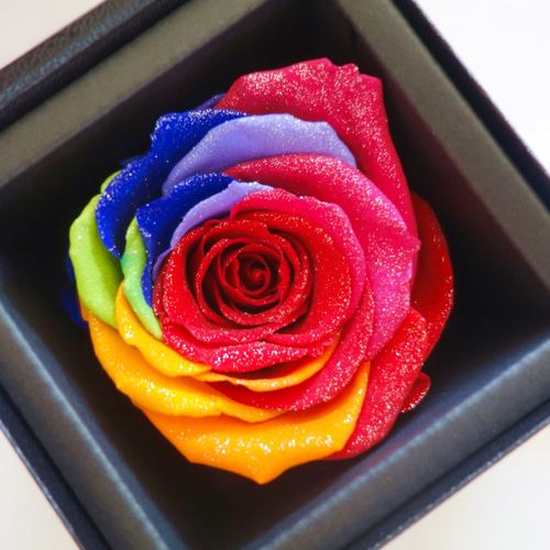 【高級プリザーブドフラワー】パステルレインボーローズ ボックス スティッチ入り 花束風 フラワーギフト ボックス入り レインボーローズ