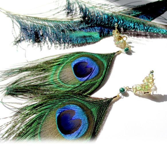 ピーコックフェザーとマラカイトのイヤリング／孔雀の羽根／孔雀石 2枚目の画像