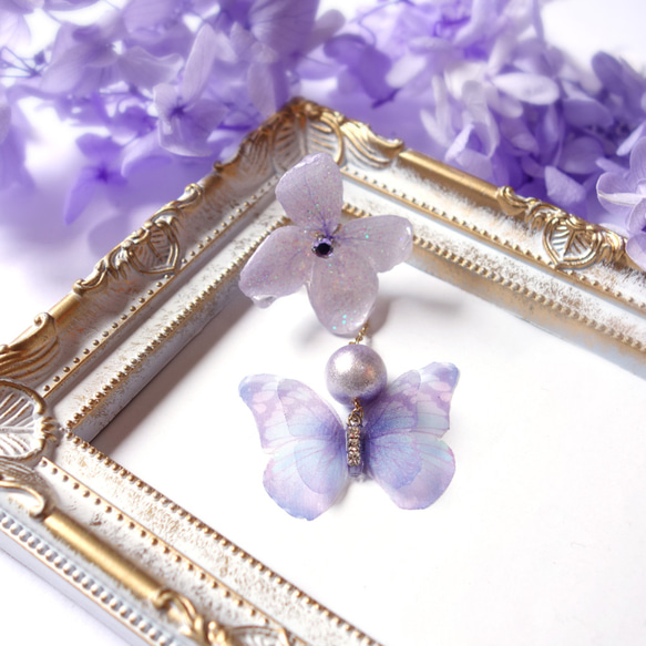 《ティターニア》夢の妖精　〜紫陽花と蝶の2wayピアス（イヤリング） 2枚目の画像
