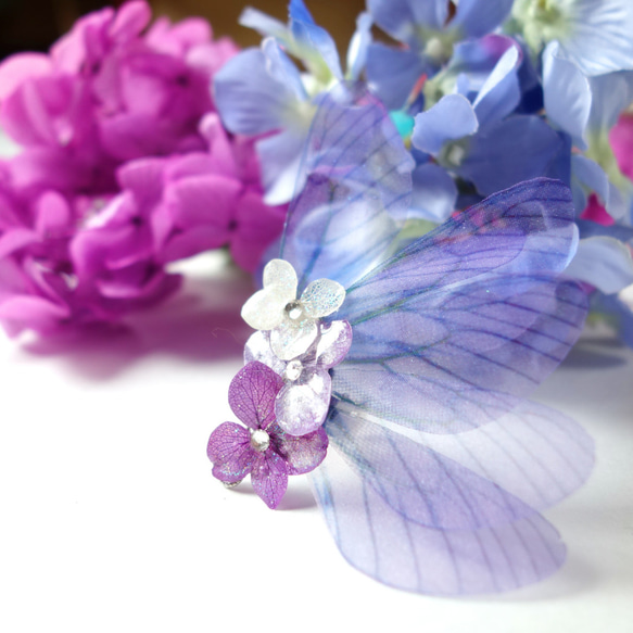 《ヴィオレット》菫の妖精のイヤーカフ　〜紫陽花とシフォン羽根のイヤーカフ（イヤカフ・イヤリング）〜 4枚目の画像