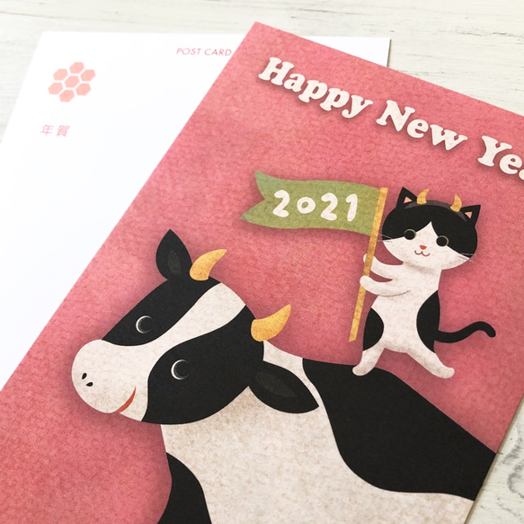 【新作】2021年 丑年 年賀状 ポストカード 5枚セット　牛と猫 3枚目の画像