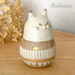 【猫好きさんに】陶土ふたもの   猫リョーシカ風オブジェの小物入れ 5枚目の画像