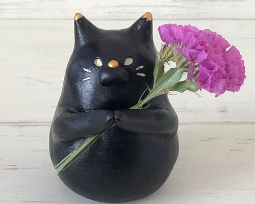 陶土 3色の中から選べる お花を持つ黒猫オブジェ その他