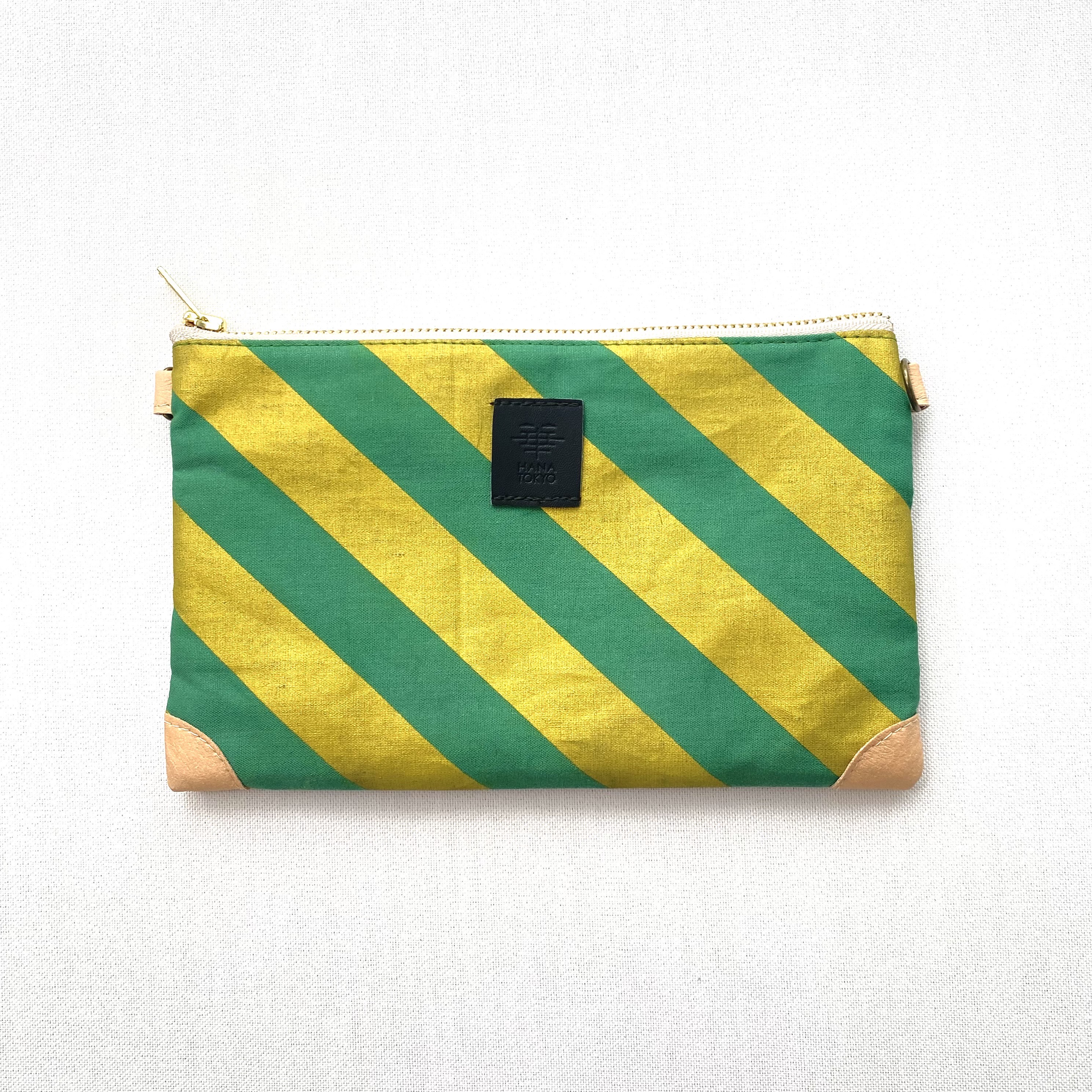 【HANA TOKYO】ポーチ [帯地×紬] YUKI グリーン×イエロー縞
