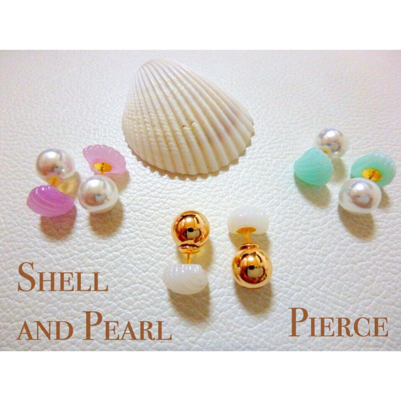 Shell and pearl pierce ラメ入 シェル & パール ピアス ミントグリーン 3枚目の画像