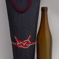 【E1-12】デニム 保冷×衝撃緩和 水引刺繍のギフトバッグ　四合瓶1本用 3枚目の画像