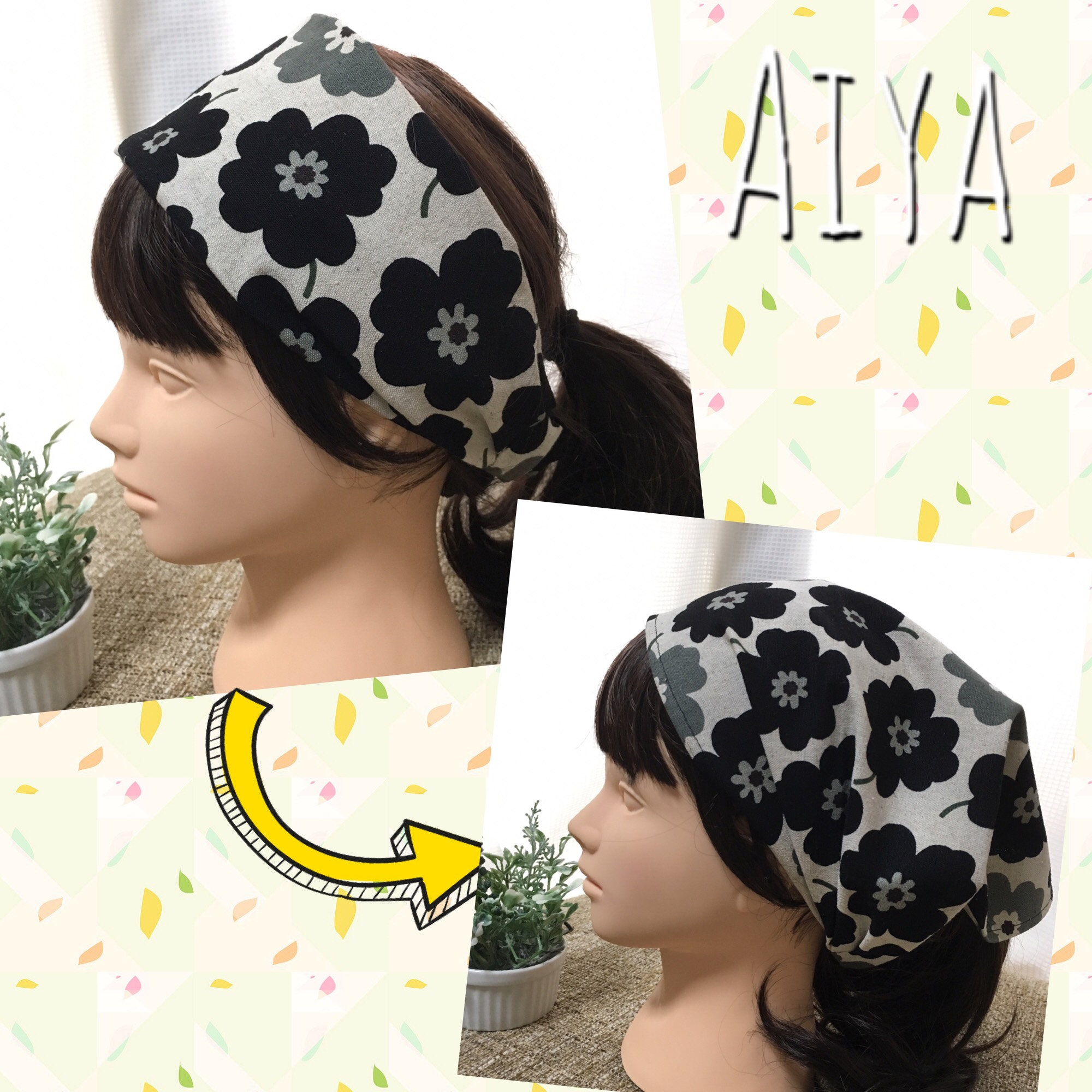 ヘアバンドタイプの三角巾（ちょうちょ刺繍）大人用　子ども用 ヘアバンドタイプの三角巾（ちょうちょ刺繍）大人／子どもサイズ