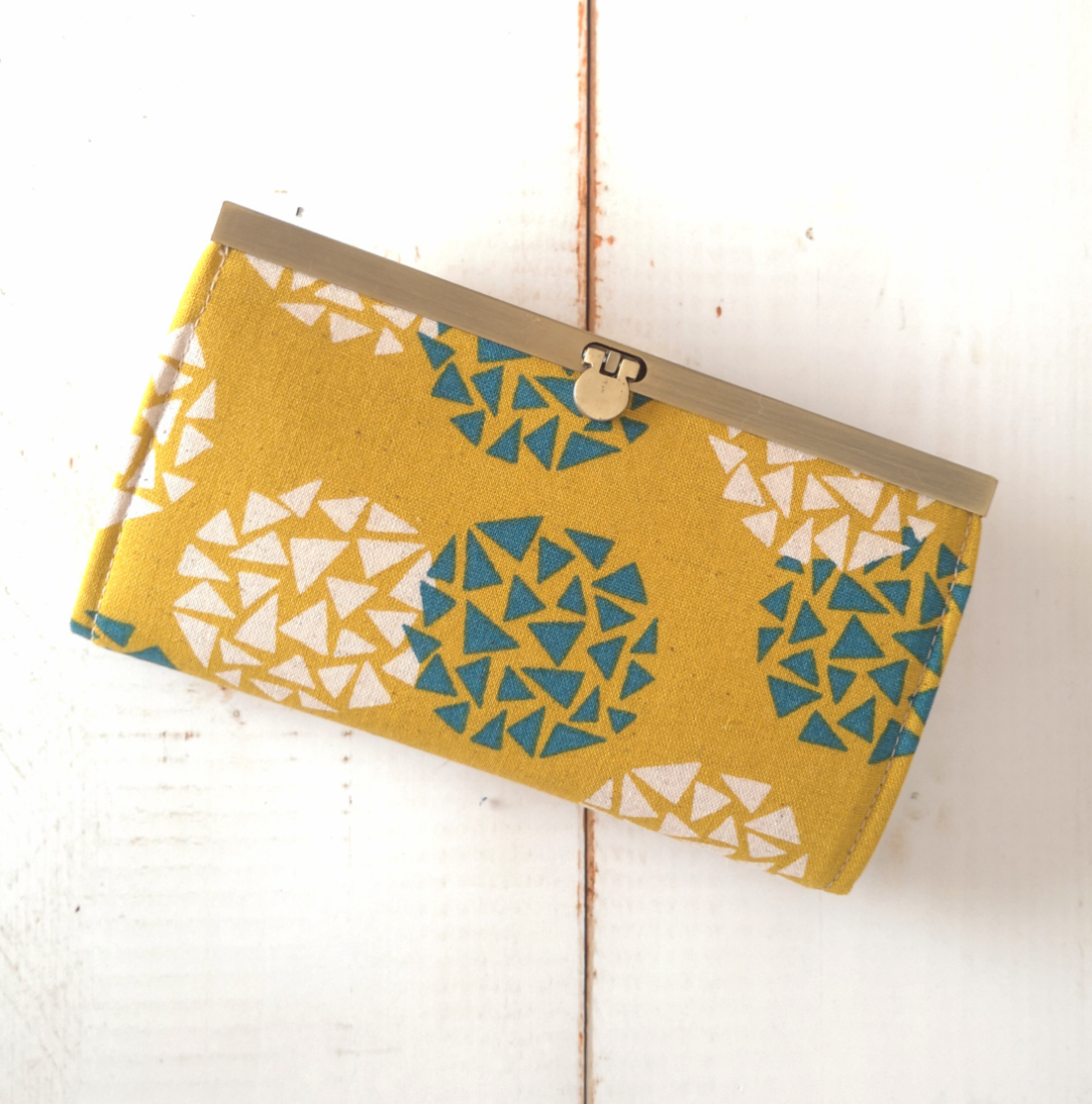 マスタード×マム柄　長財布 大容量 がま口