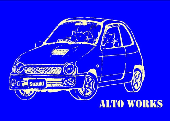 猫と旧車シリーズ。ドライブニャンコ with ALTO Works 【モノトーン系】 4枚目の画像