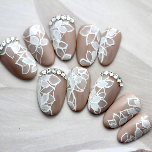 ネイルチップ28】結婚式・ウエディング・レースフラワージェルネイル  