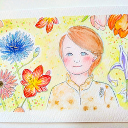 『てのひら似顔絵』 水彩×顔彩原画　はがきサイズのかわいい誕生花デザインです 7枚目の画像