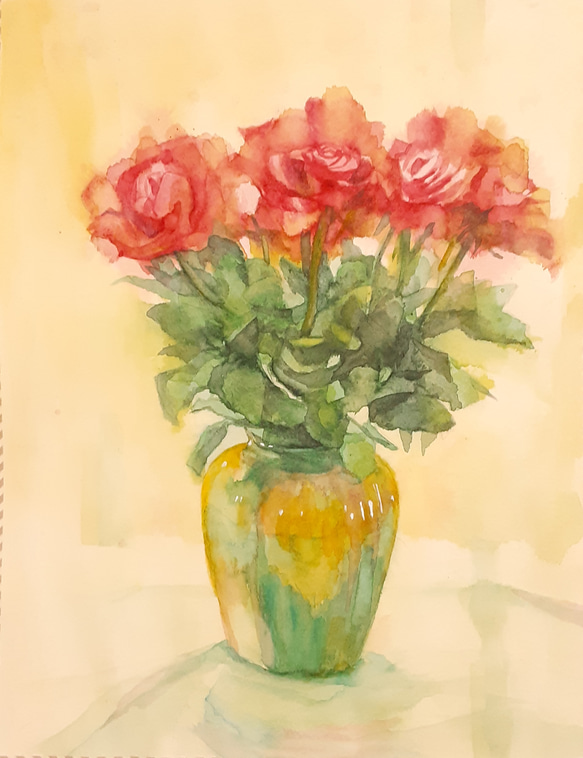 送料無料「赤いバラ」透明水彩原画F6サイズ額装込み 絵画 窪田正三