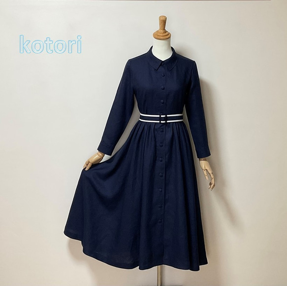 リネン たっぷりフレアーの大人のワンピース ネイビー【色変更可能
