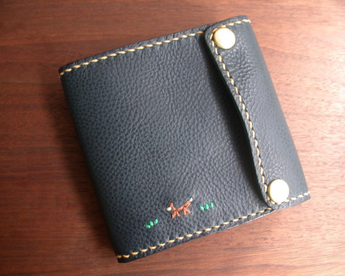 手縫いの2つ折り財布 ネイビー 右開き キツネ その他ミニ財布