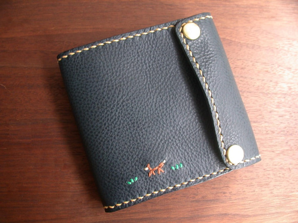二つ折り財布 ネイビー　トロッター　キャンバスレザー 即購入OK 手縫いの2つ折り財布 ネイビー 右開き キツネ その他ミニ財布