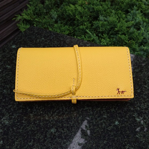 手縫いの紐長財布 kurukuru ドイツシュリンク イエロー 長財布 キツネ