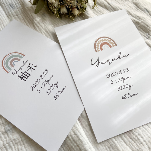 s様　2枚　メモリアルポスター　命名書　マクラメレインボー　虹　誕生日　出産祝い 刺繍命名ボード《レインボー / ネイビー》A5サイズ 名前旗 出産