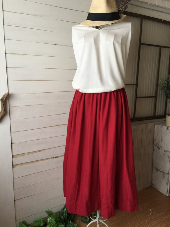 【お直し無料】ガーゼギャザースカート赤 4枚目の画像