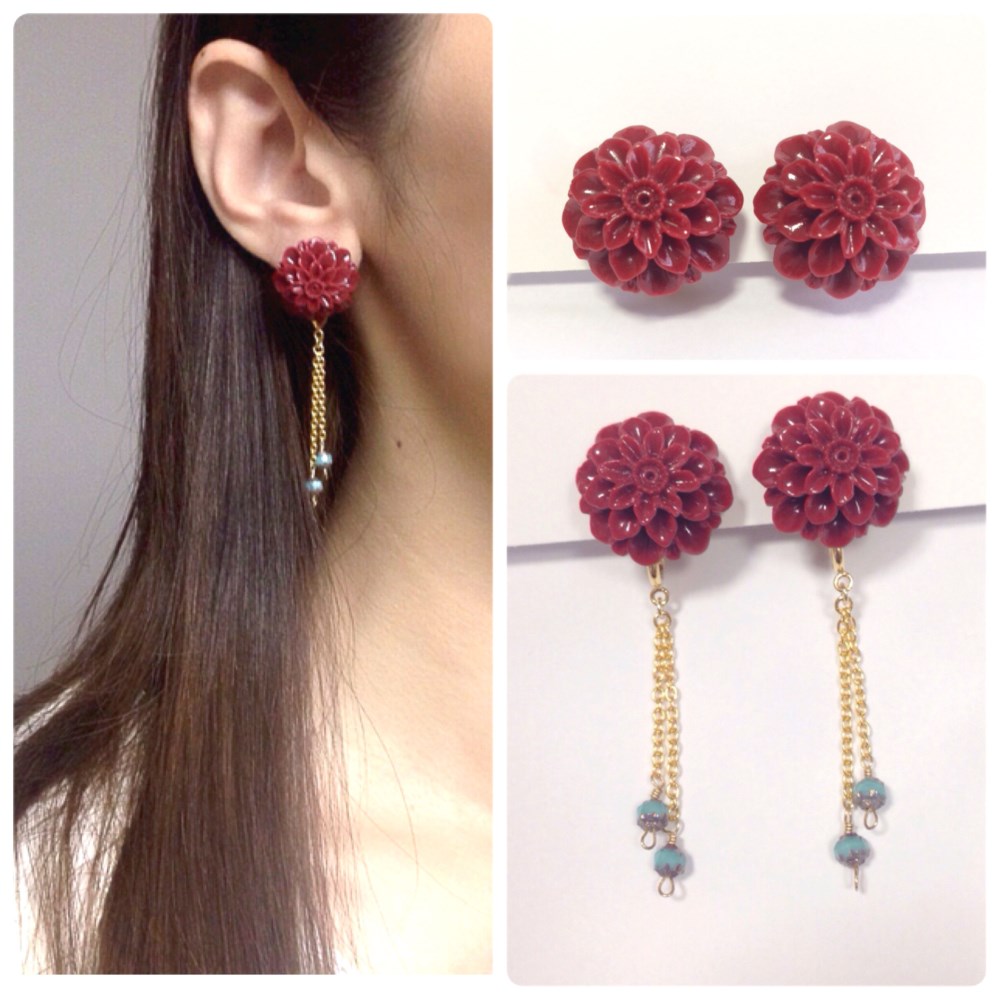 【SALE】★2way！痛くないイヤリング★フランス生まれのダリアボタン×チェコビーズのイヤリング（バーガンディ）