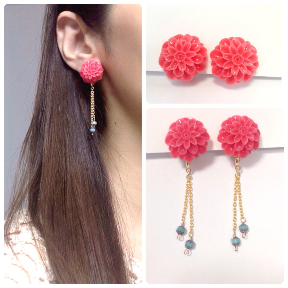 【SALE】★2way！痛くないイヤリング★フランス生まれのダリアボタン×チェコビーズのイヤリング（サーモンピンク）