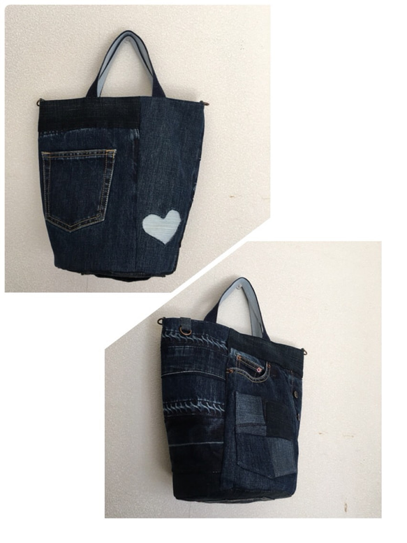 デニムリメイク　バッグ　バケツバッグ リメイクデニム バケツ型トートバッグ 丸底 麻ひも 1点物