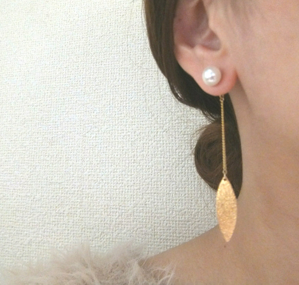 パール×スターダストリーフのロングキャッチピアス ピアス（スタッド 