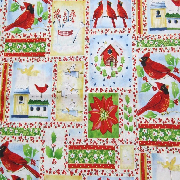 ★クリスマス☆鳥　クリスマス　幅110㎝×長さ40㎝　花　木の実　幸せの赤い鳥　カーディナル　ハンドメイド布 1枚目の画像