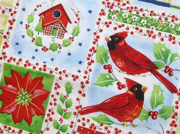 ★クリスマス☆鳥　クリスマス　幅110㎝×長さ40㎝　花　木の実　幸せの赤い鳥　カーディナル　ハンドメイド布 2枚目の画像