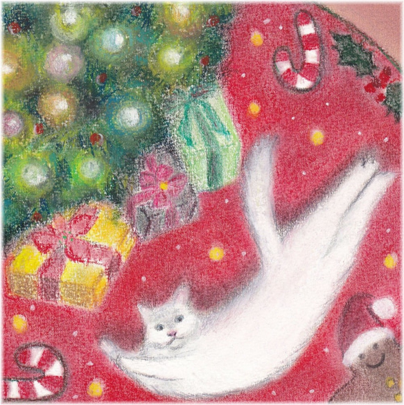 クリスマスツリーとネコ（パステル画　原画） 1枚目の画像