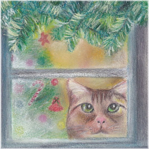 クリスマス 窓のネコ（パステル画 原画） 絵画 にゃんずら 通販