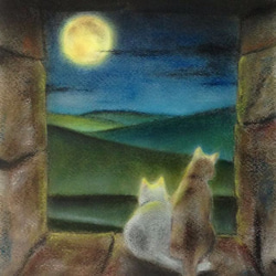 満月の夜・月と猫（パステル画　原画）　3号 4枚目の画像