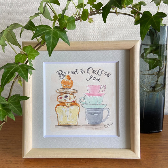 15cm角『Bread＆Coffee・Tea』水彩原画(額付き） 2枚目の画像