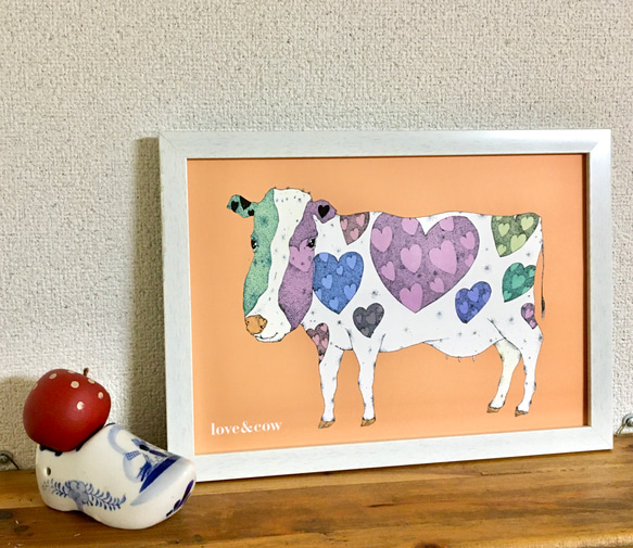 牛さんとハート/Love&cow アートポスター イラスト A4/B4/A3