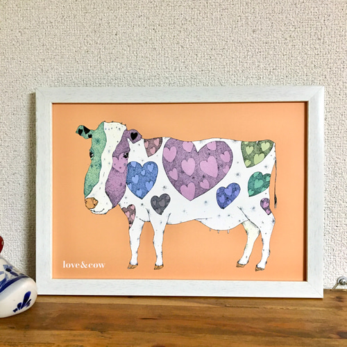 牛さんとハート/Love&cow アートポスター イラスト A4/B4/A3