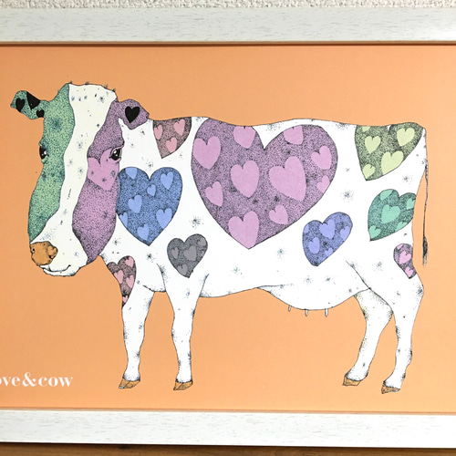 牛さんとハート/Love&cow アートポスター イラスト A4/B4/A3
