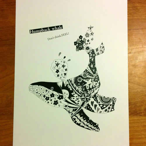 humpback whale アートイラストポスター モノトーン 鯨 B4/A4
