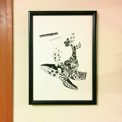 humpback whale アートイラストポスター モノトーン 鯨 B4/A4