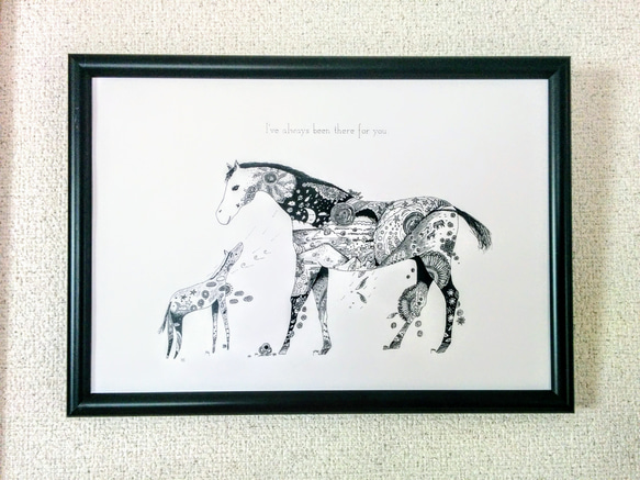 【送料無料】450×550　白馬　ホワイトホース　額付き　アートポスター Horse/馬 モノトーン アートポスター オリジナルイラスト