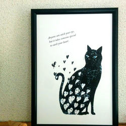 黒猫と蝶々　アートポスター オリジナルイラスト　A4/B4/A3 1枚目の画像