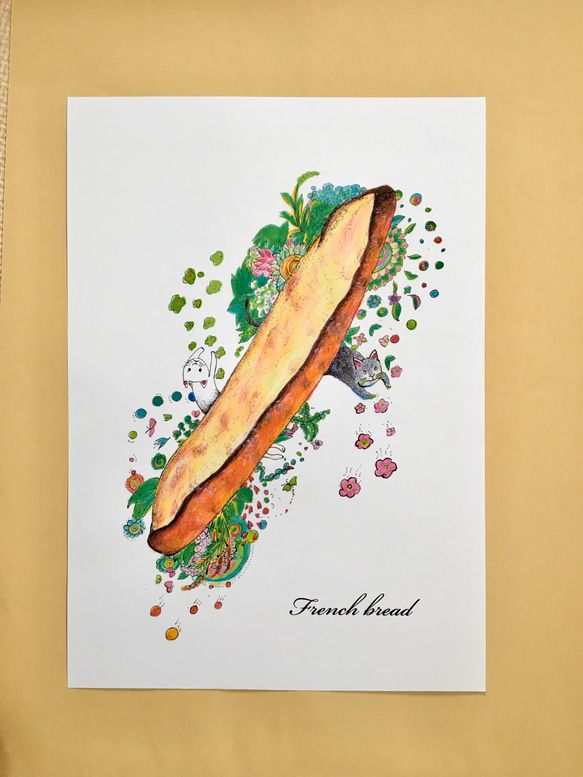 フランスパンと猫　アートポスター 　オリジナルイラスト　A4/B4/A3 2枚目の画像
