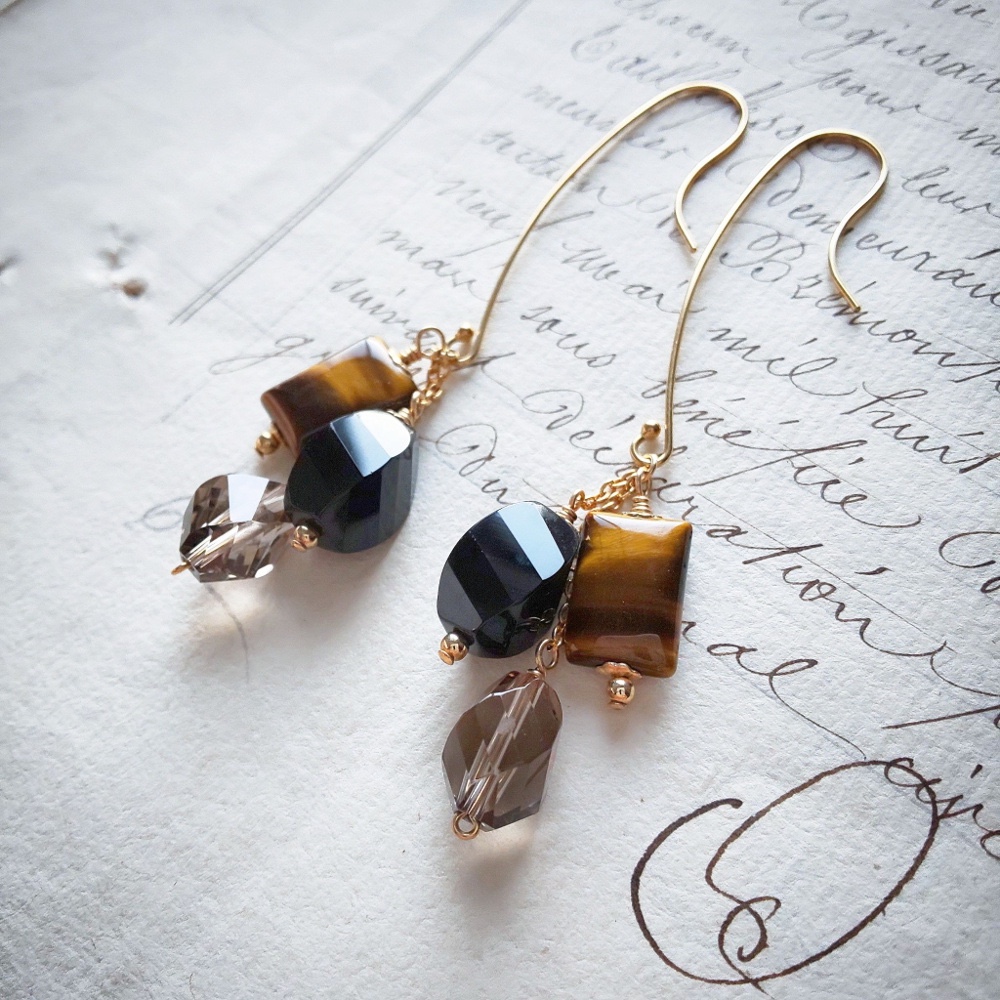 こっくり秋色 ✧ タイガーアイのブーケピアス 14kgf オニキス スモーキークォーツ