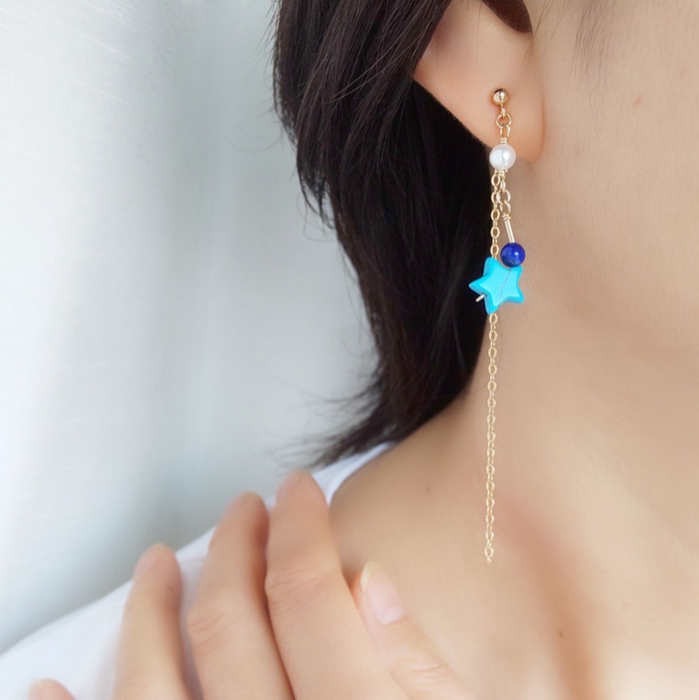 Blue✧星座チェーンピアス（ターコイズ・ラピスラズリ・淡水パール） 14kgf