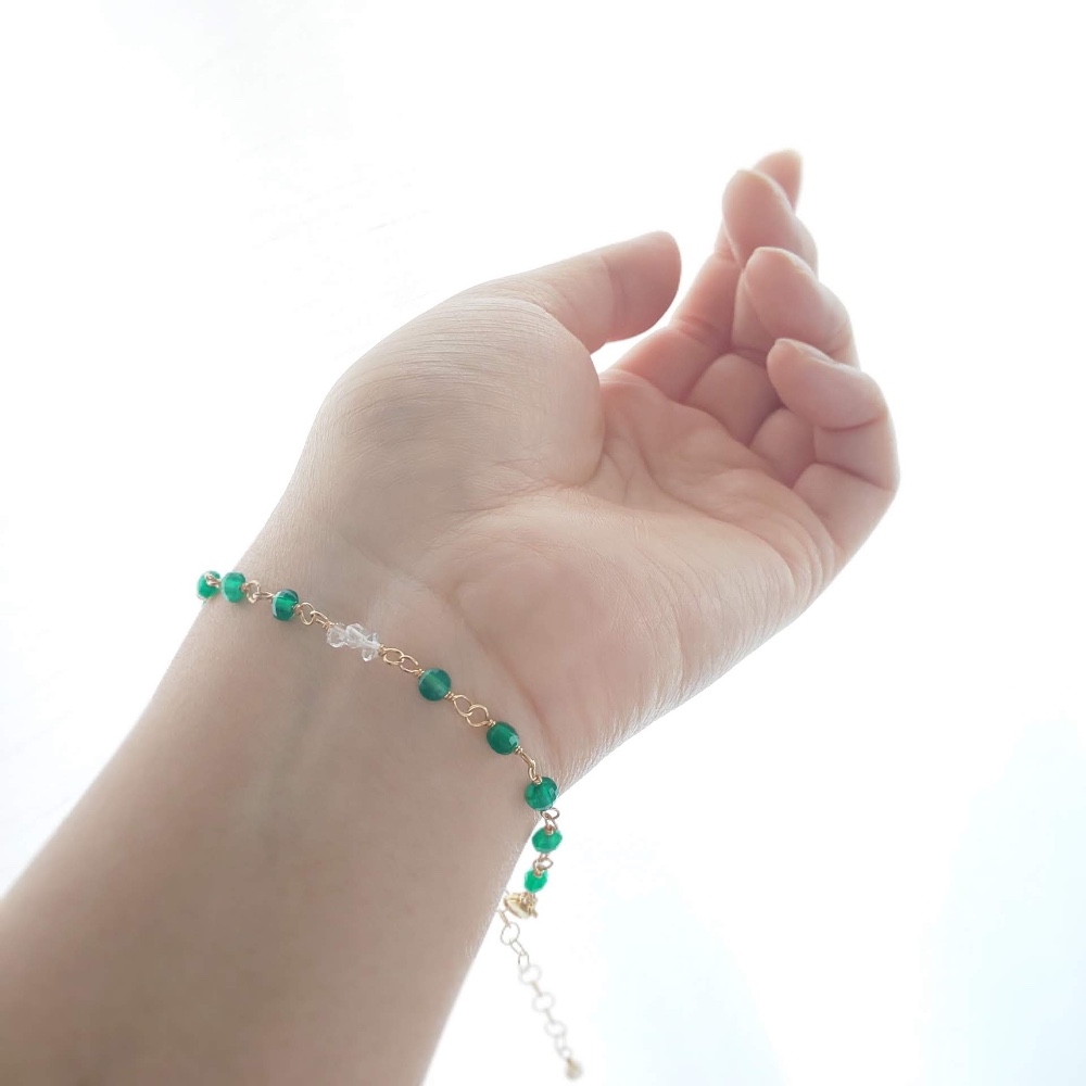 静かな光 ✧ グリーンオニキスとハーキマーダイヤモンドのブレスレット / 14kgf