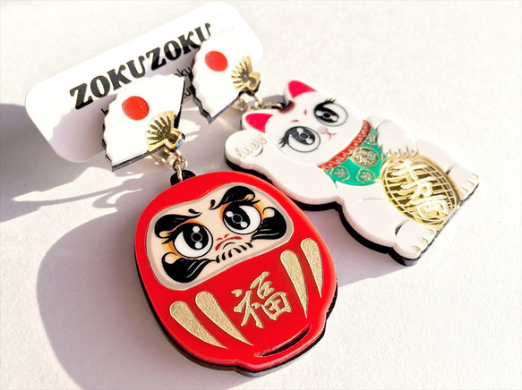 瘋狂的日本耳環/耳環（Maneki Neko和Daruma套裝） 第2張的照片