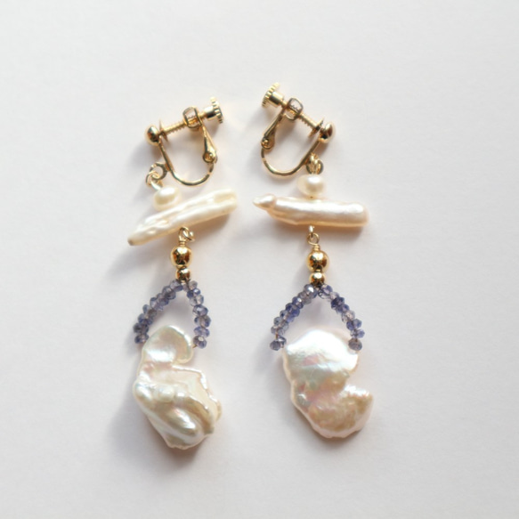 Freshwater pearl & Iolite earring(pierce) 2枚目の画像